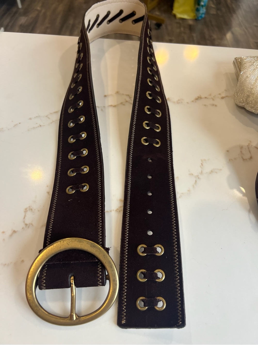 Vintage Wide Brown leather Suede Belt with Brass Round Buckle